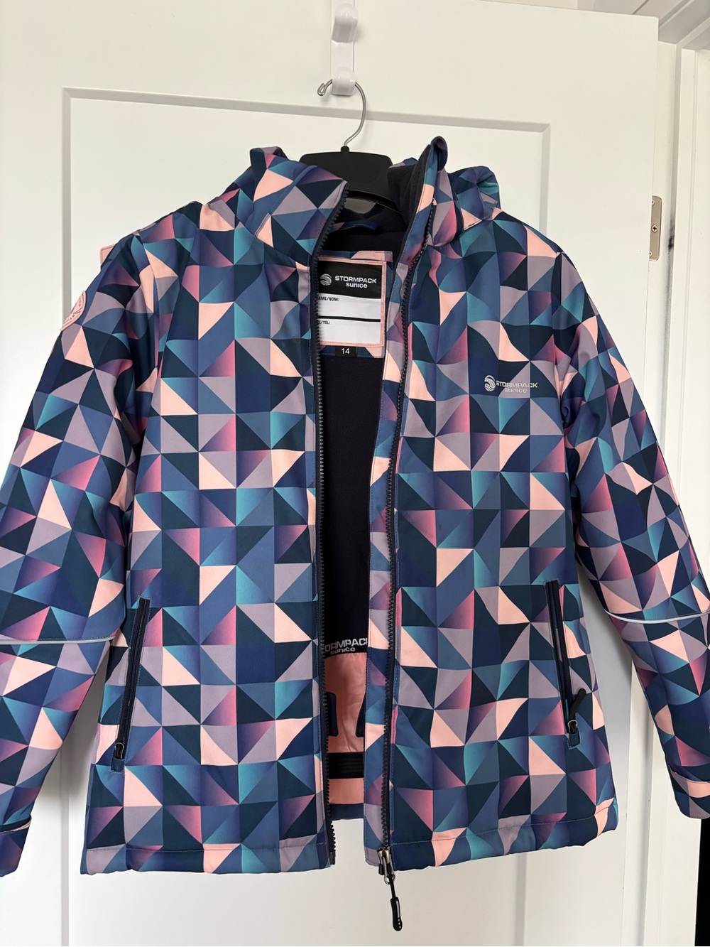 Storm Geometric Hooded Puffer Jacket - Navy, Teal & Blush
